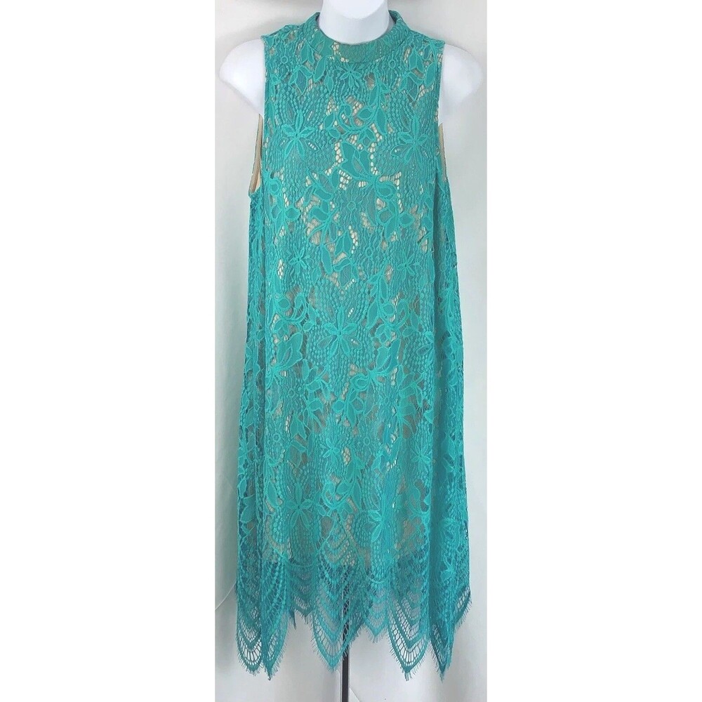 Vintage sleeveless Lace Dress L Green Mock Neck Asymmetrical Raw Edge Hem Y2K